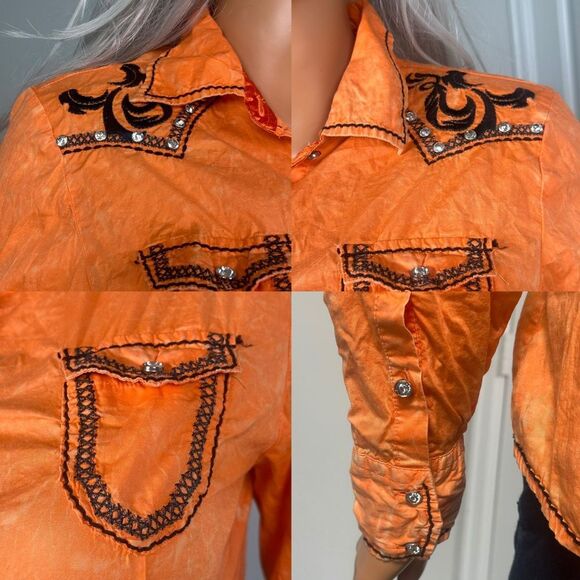 ROAR Signature Embroidered Rhinestone Pearl Snap Shirt Western Biker Sz Large - Picture 5 of 9